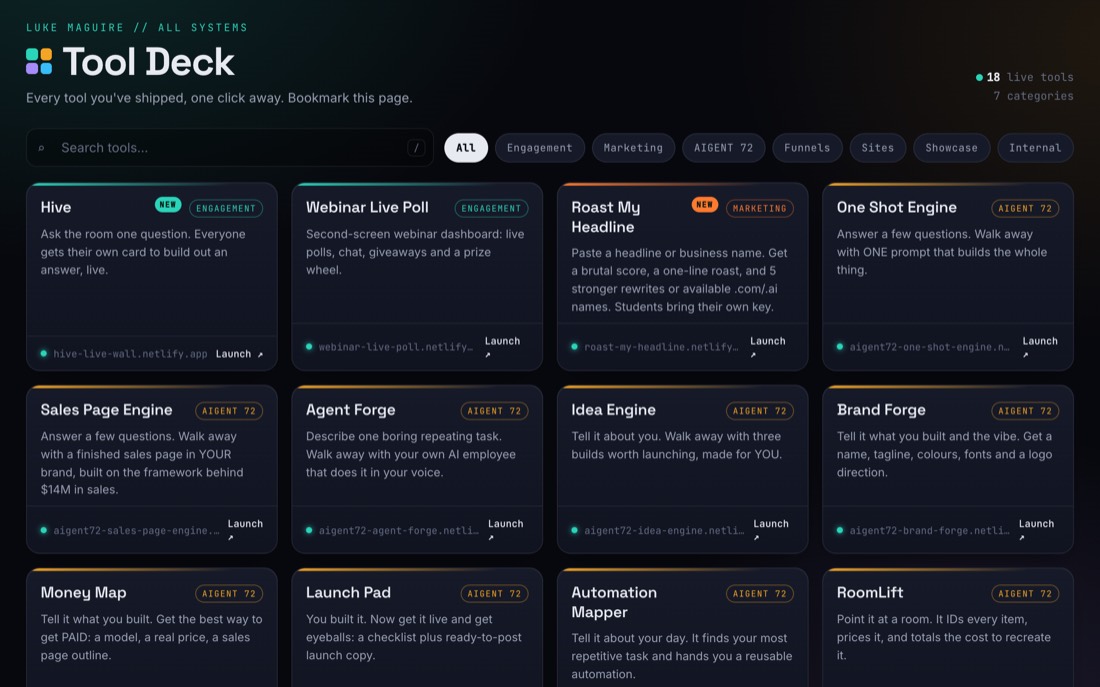 The Tool Deck, one page listing every live tool the AI OS has shipped so far