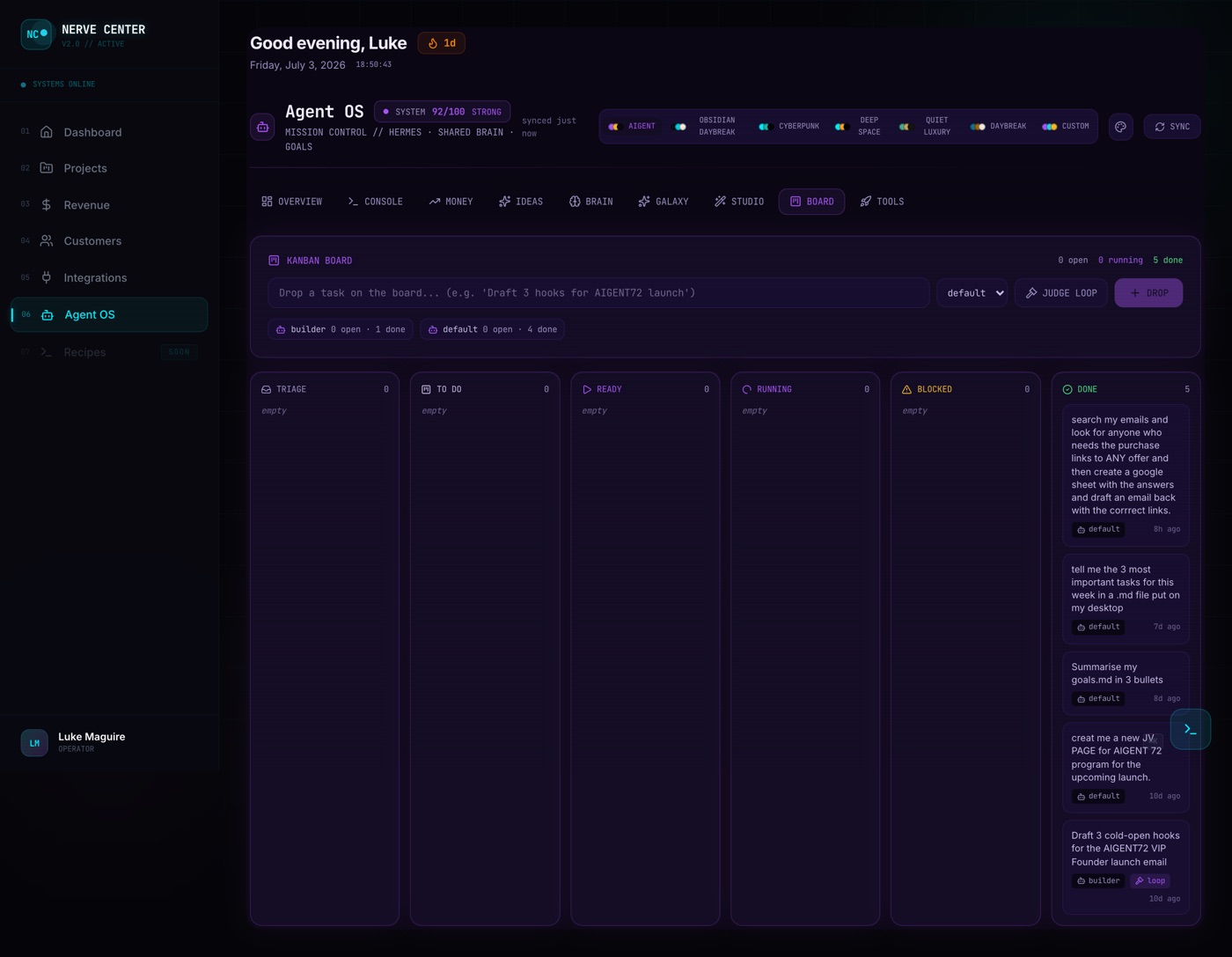 Agent OS Board / Kanban tab
