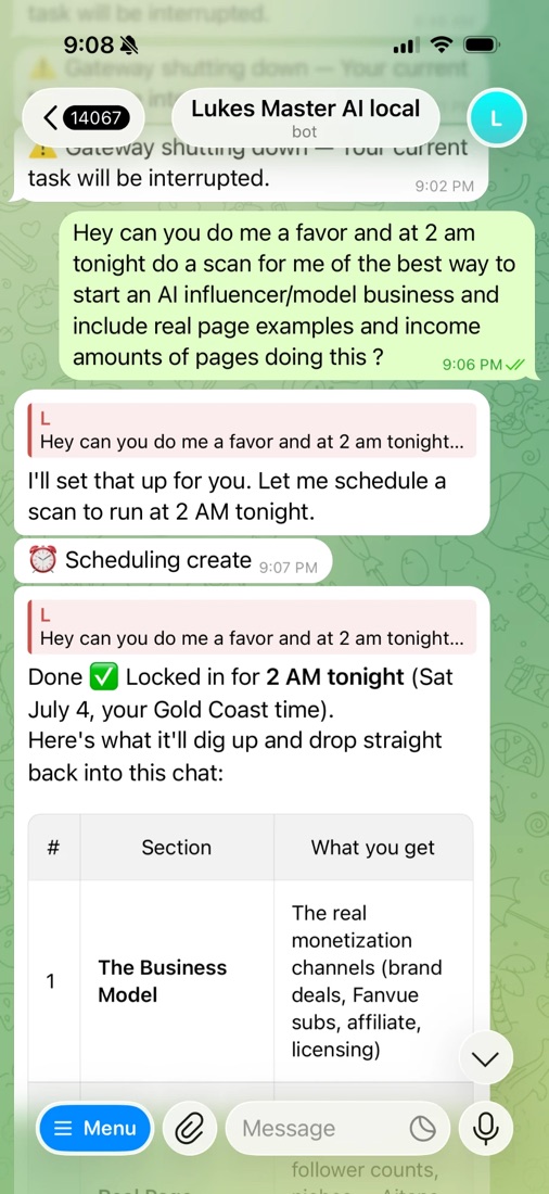 AI scheduled an overnight market scan and delivered a full breakdown in Telegram