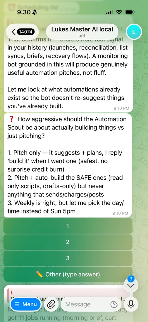 AI Automation Scout asking whether to build or just pitch before acting